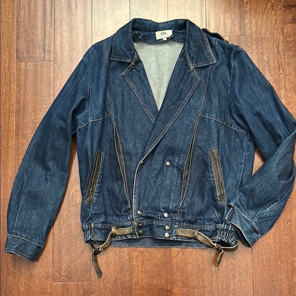 Vintage Oui Denim Jacket with Brown Leather Accents, Size Medium